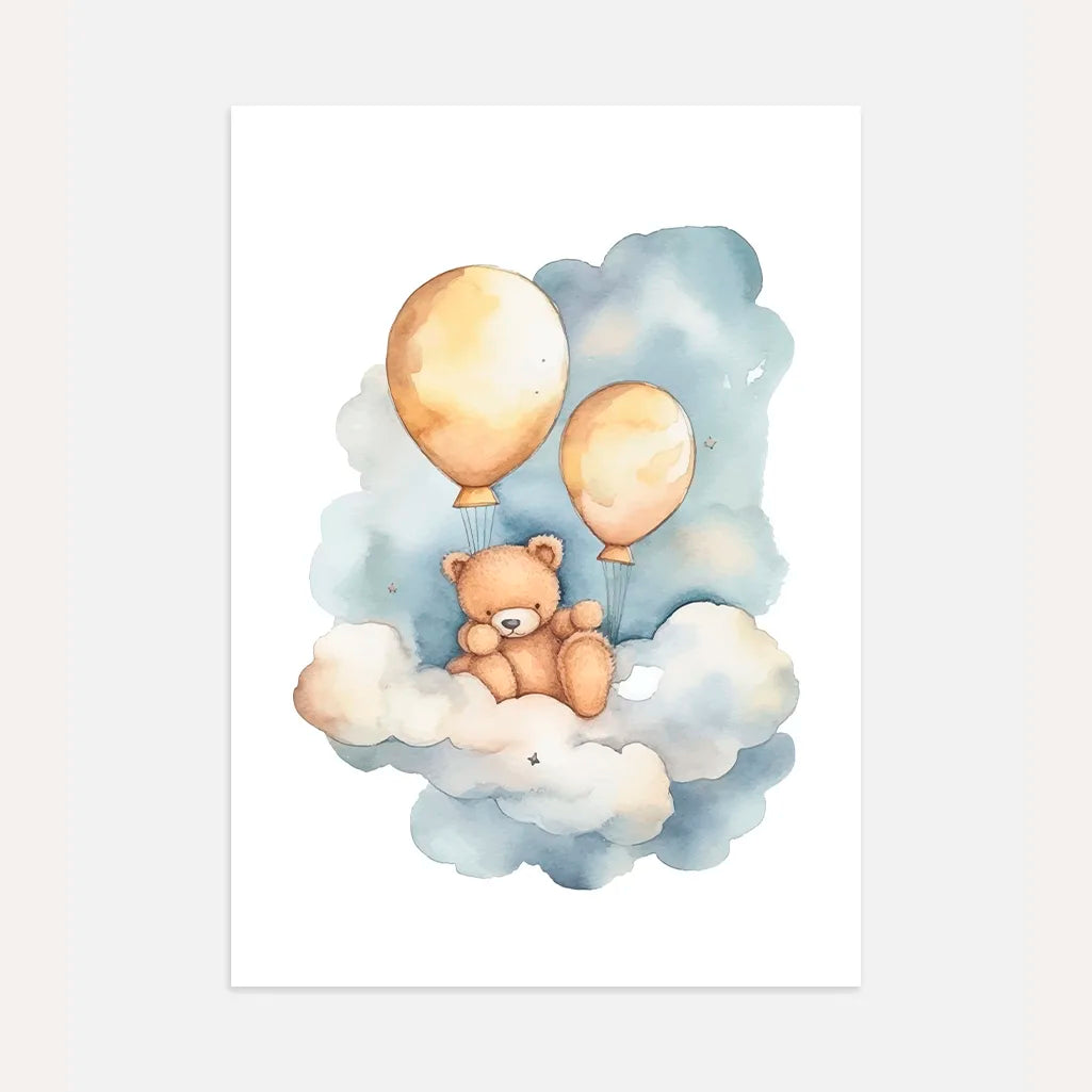 Bear On A Cloud With Golden Balloons Poster