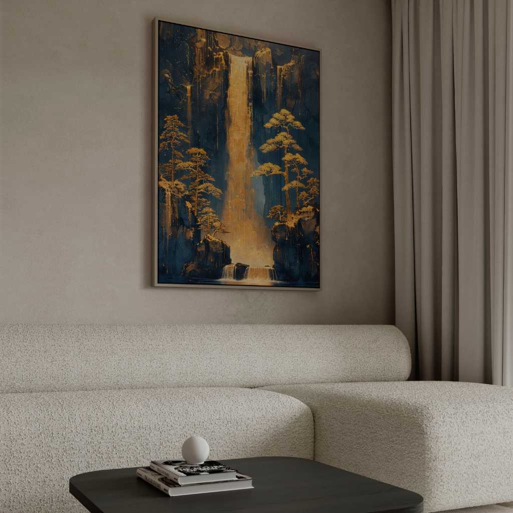 Framed Canvas Print Golden Eastern Waterfall