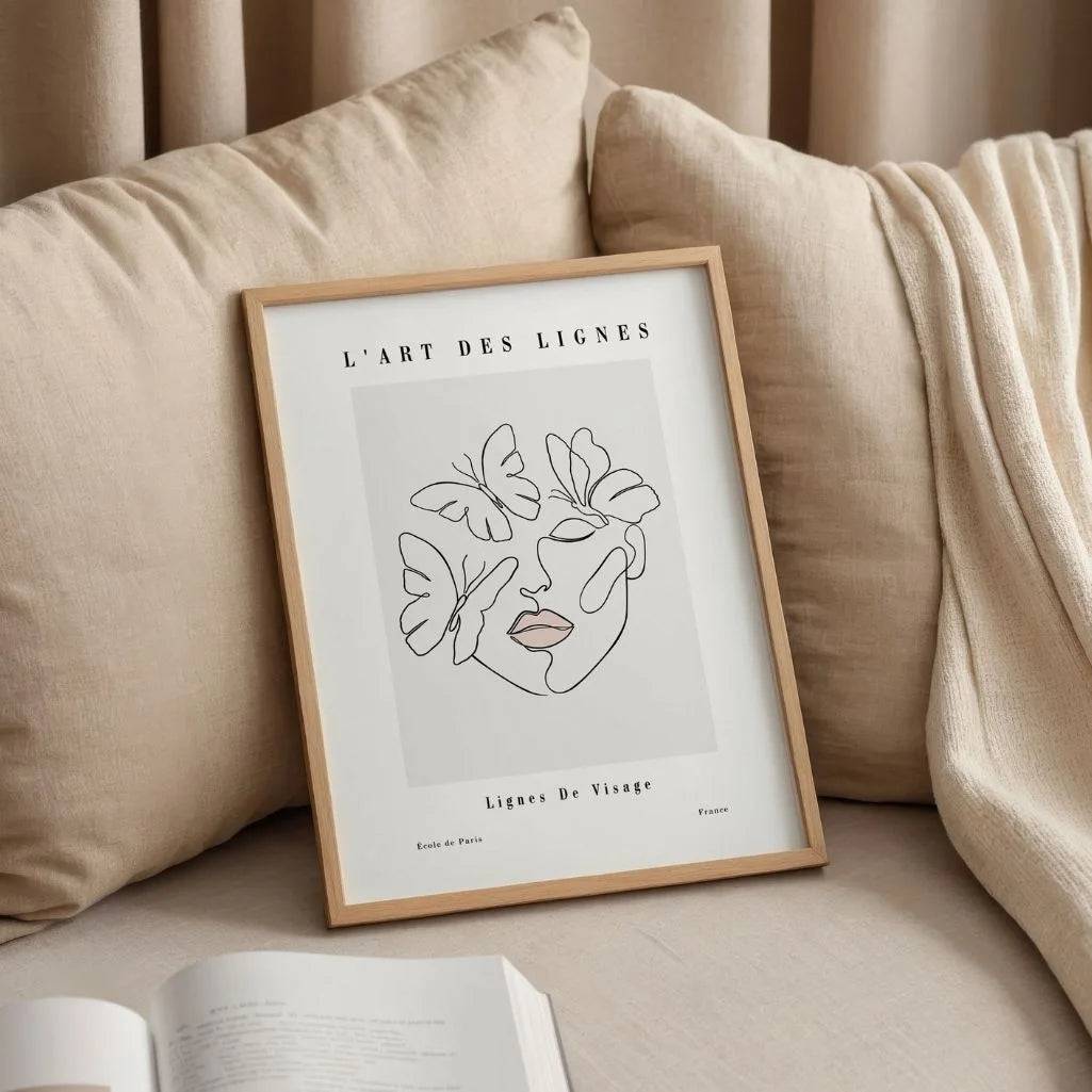 Line Art Face with Butterflies Poster