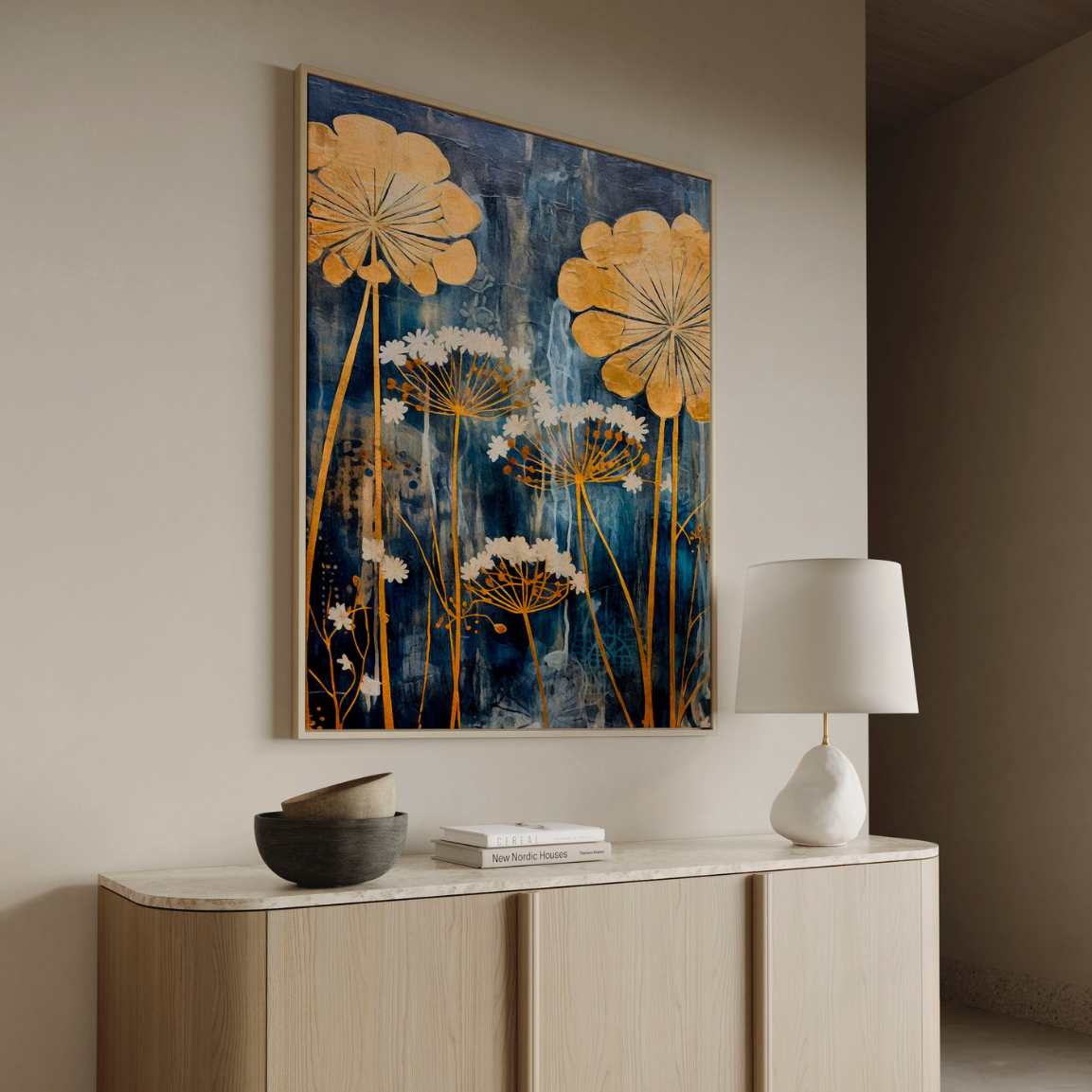 Framed Canvas Print Japanese Gold Flowers