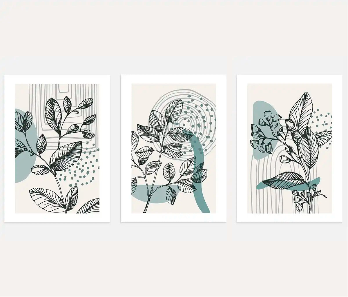 Beige Botanical Line Art Prints – Abstract Leaves Set of 3