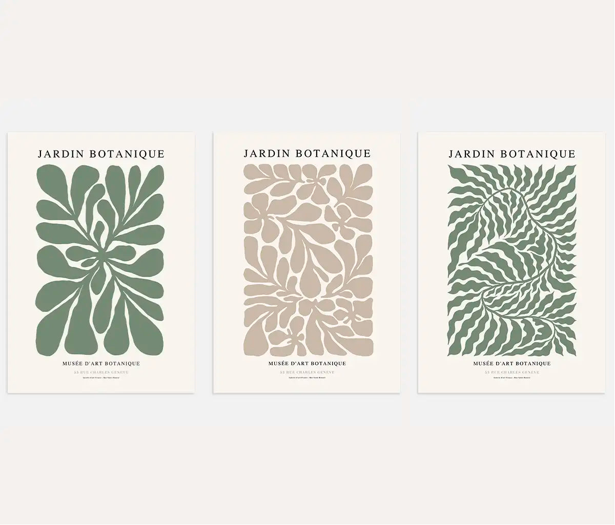 Jardin Botanique Abstract Prints – Beige & Green Botanical Set of 3