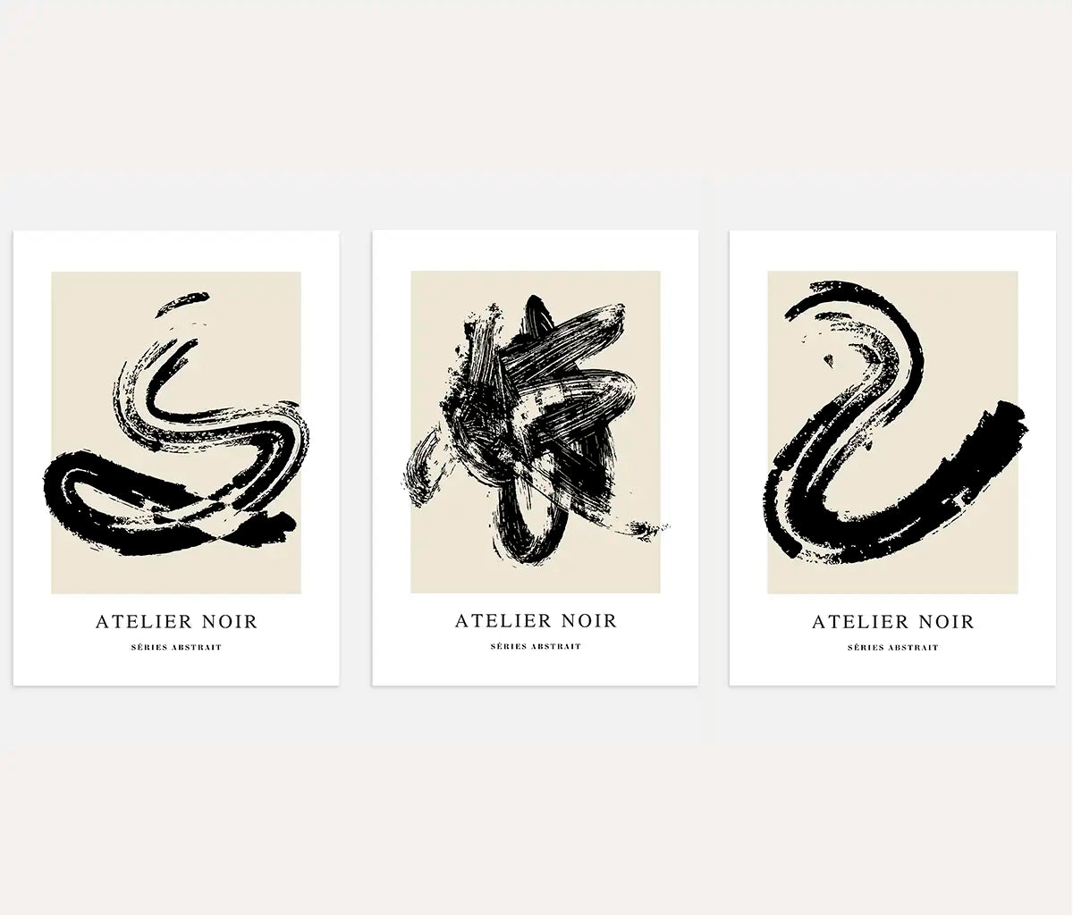 Atelier Noir – Set of 3 Abstract Art Prints - Black & Beige Minimalism