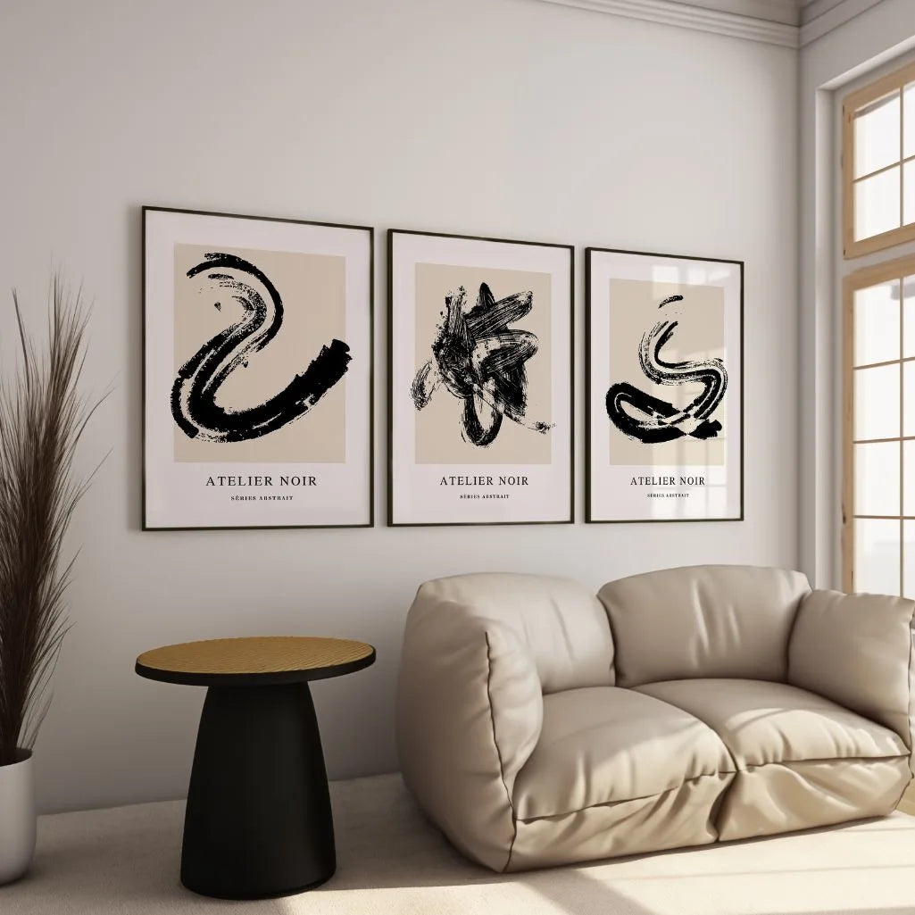 Atelier Noir – Set of 3 Abstract Art Prints - Black & Beige Minimalism