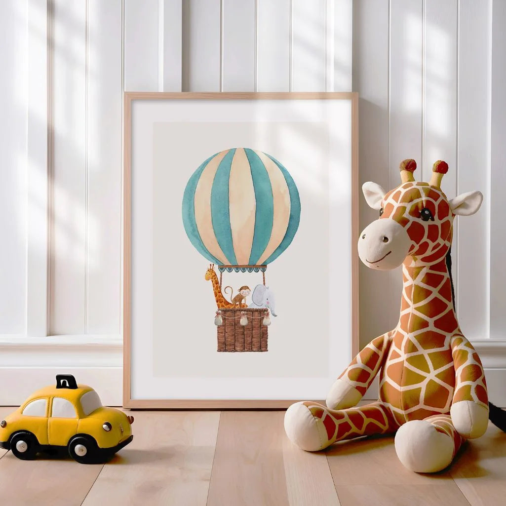 Safari Animals in a Hot Air Balloon Poster