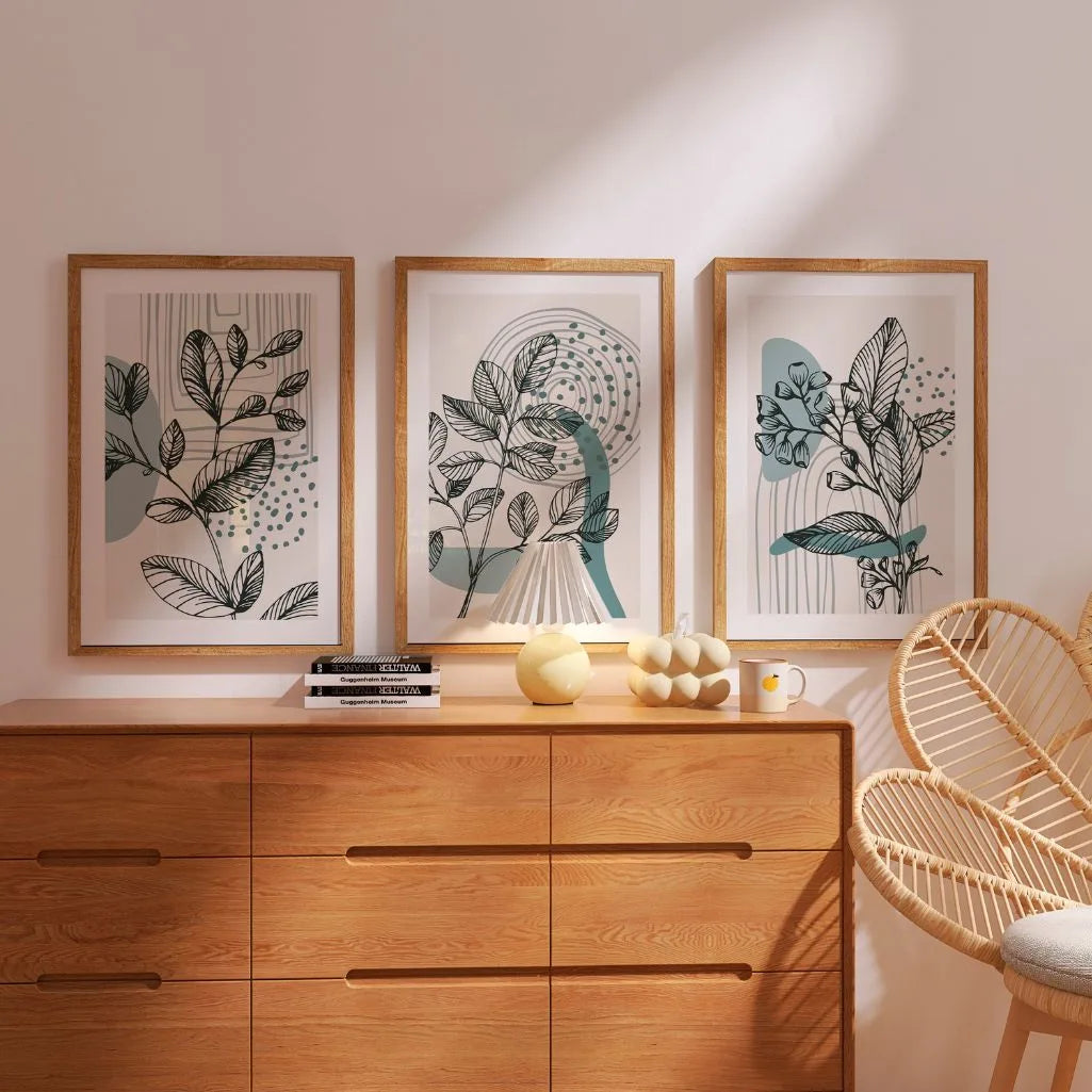 Beige Botanical Line Art Prints – Abstract Leaves Set of 3
