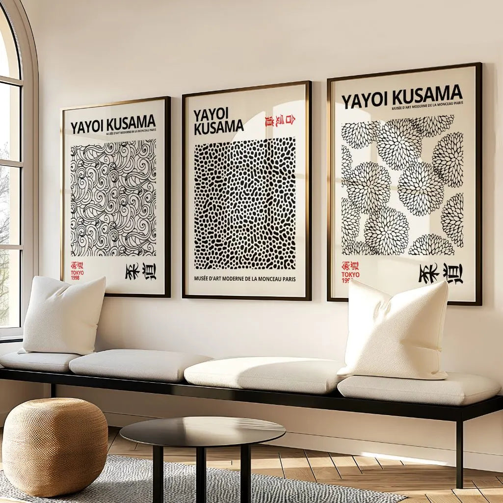 Abstract Japanese Pattern Art Prints – Minimal Black on Beige Set of 3