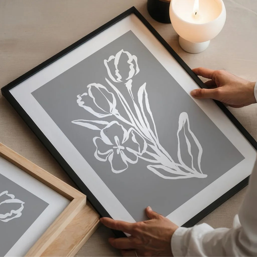 Grey Floral Line Art Poster
