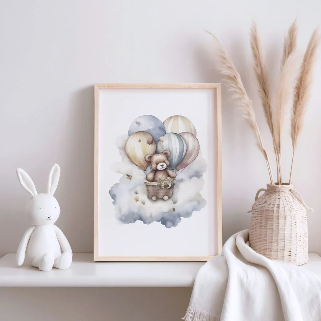 Bear In A Basket With Balloons Poster