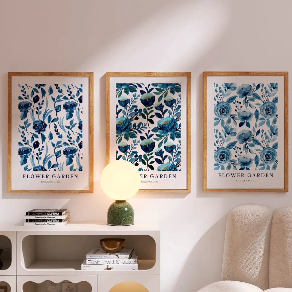 Flower Garden Blue Botanical Prints – Watercolor Floral Set of 3