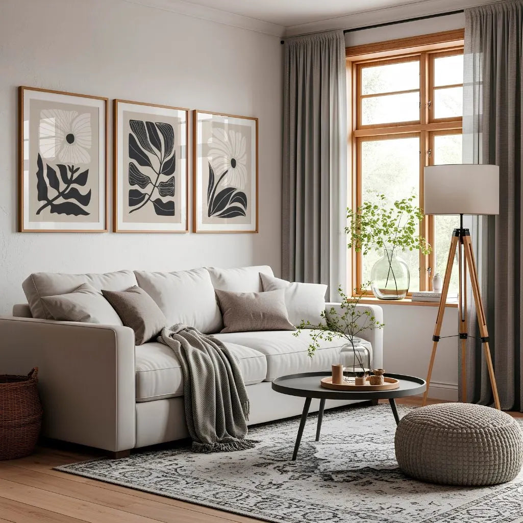 Botanical Abstract Art Prints – Beige & Gray Modern Floral Set of 3