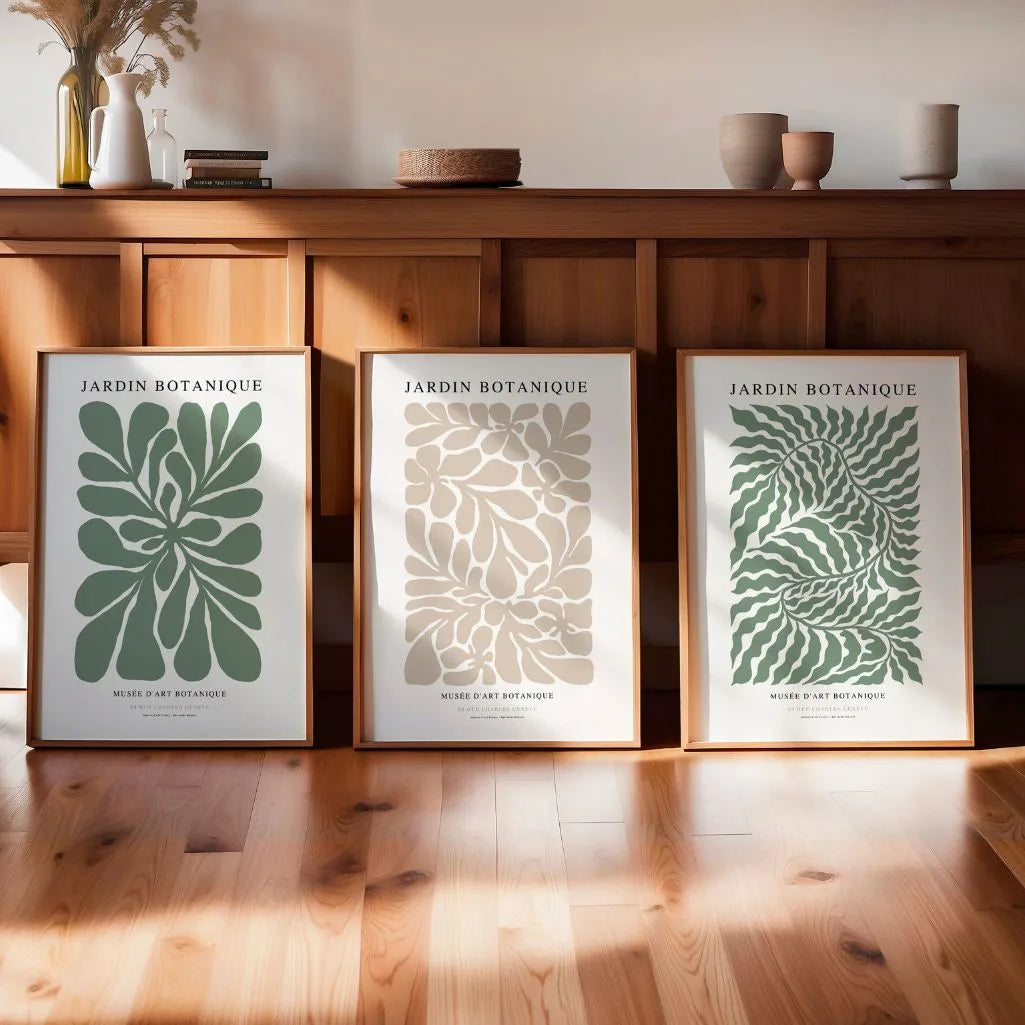 Jardin Botanique Abstract Prints – Beige & Green Botanical Set of 3