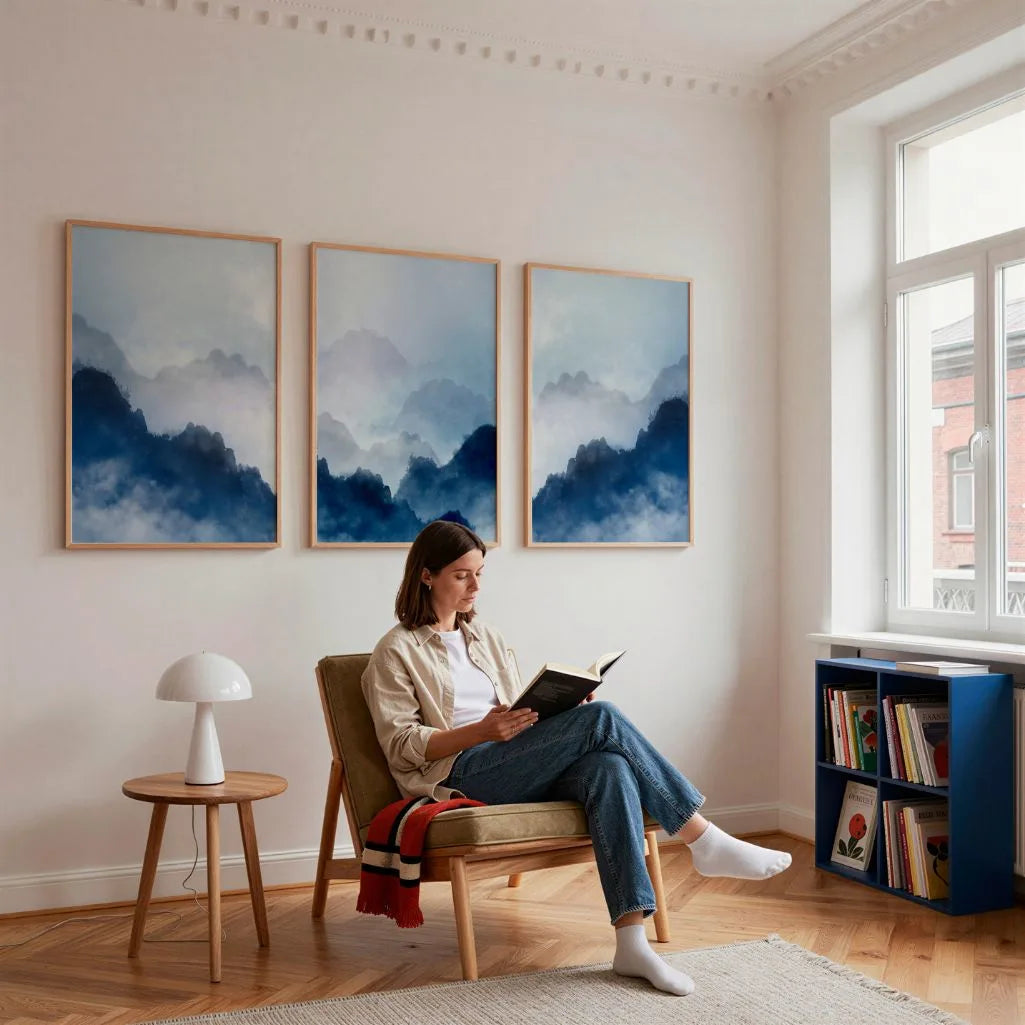 Misty Blue Mountains Wall Art – Atmospheric Landscape Print Set of 3