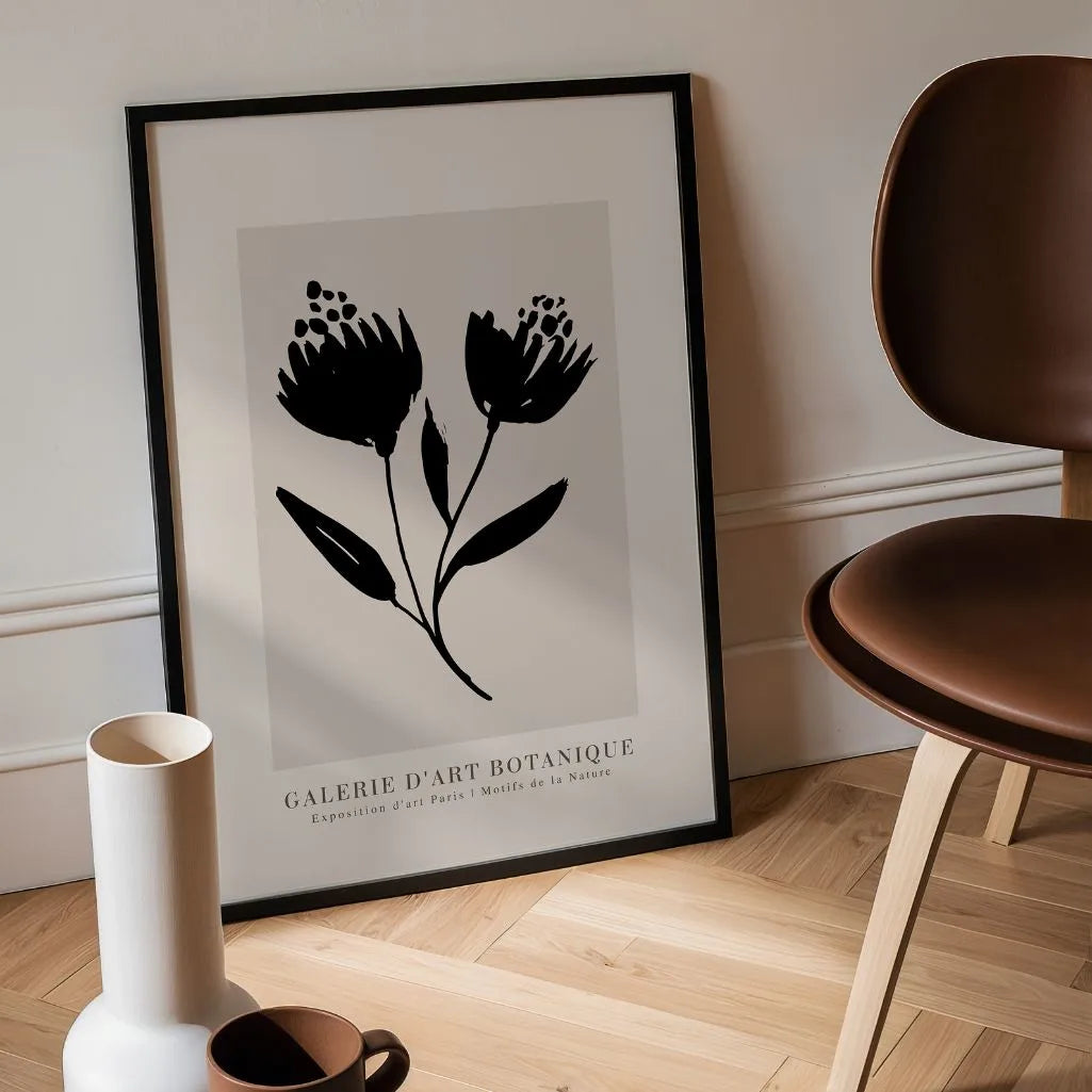 Black Flowers on Beige Poster