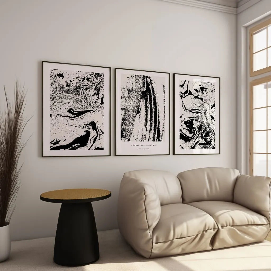 Abstract Noir – Set of 3 Black & Light Beige Abstract Art Prints - Minimalist Wall Art