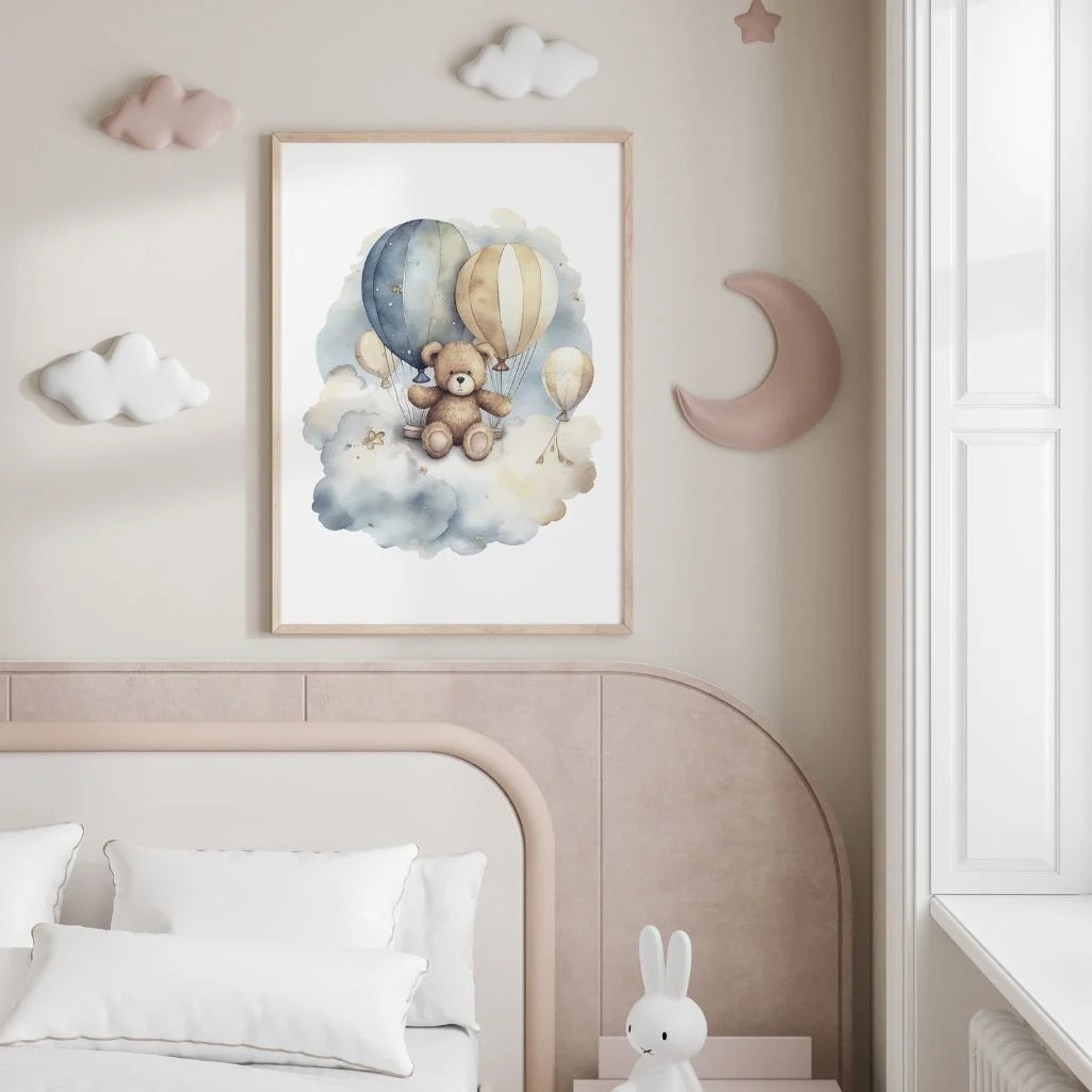 Bear On A Cloud With Balloons Poster