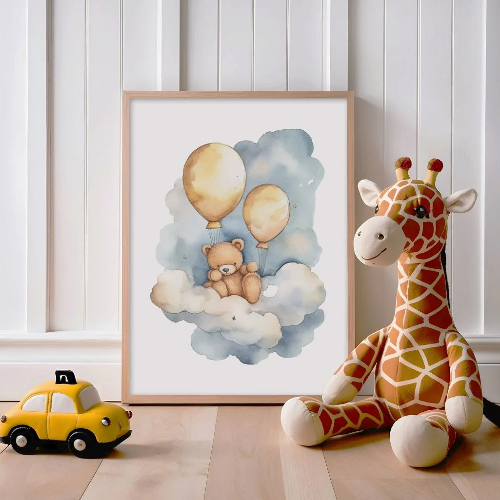 Bear On A Cloud With Golden Balloons Poster