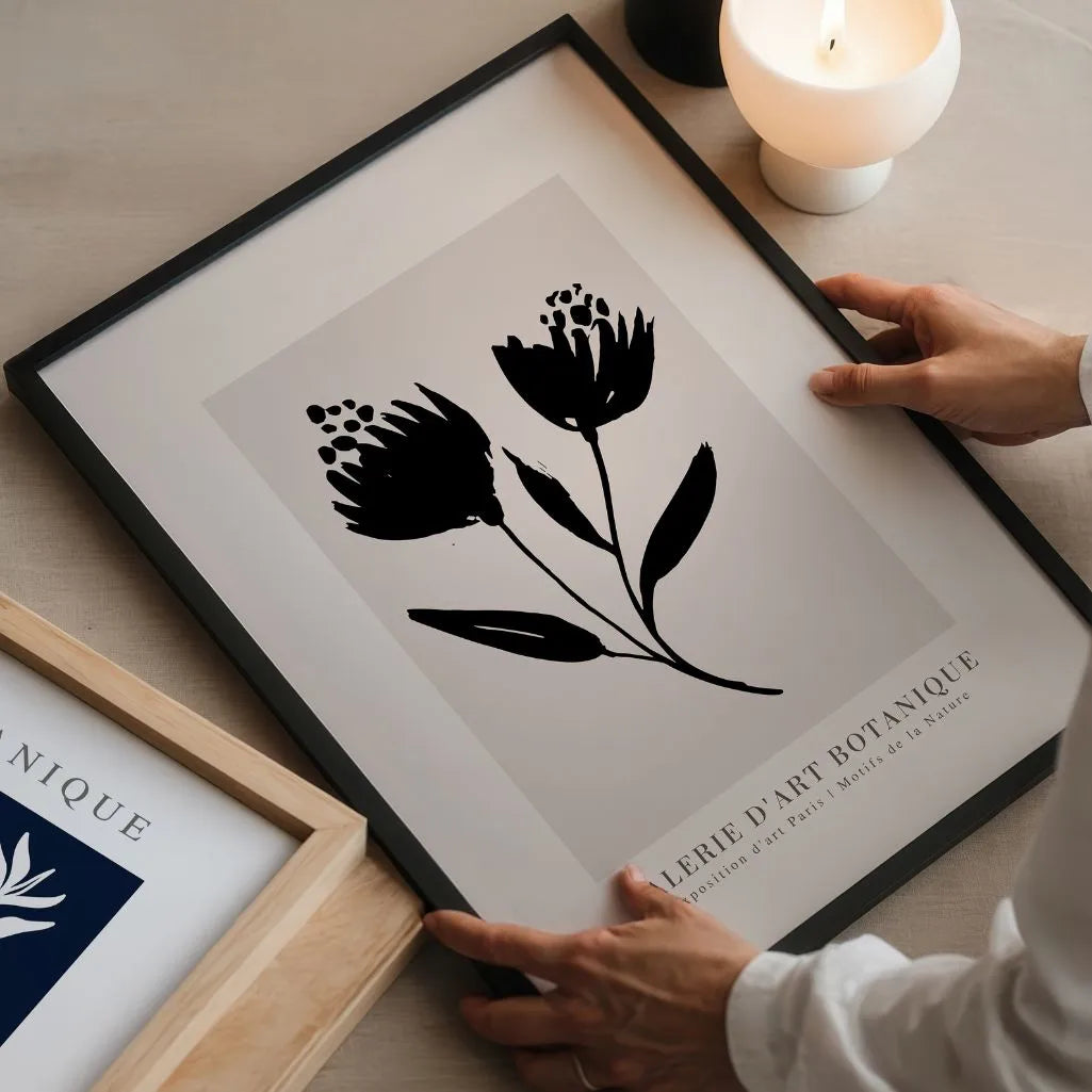 Black Flowers on Beige Poster