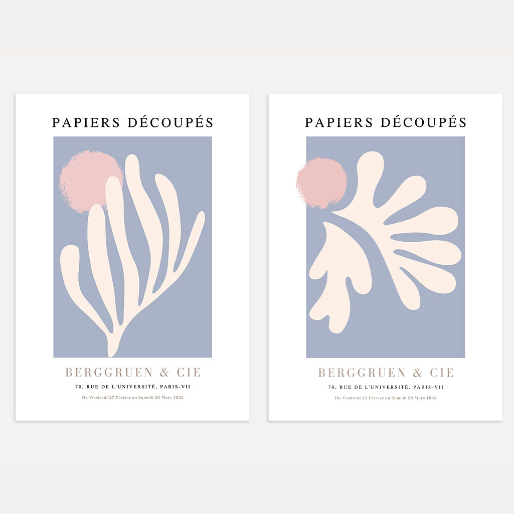 Matisse pastel botanical abstracts set of 2 posters with beige pink and blue organic shapes
