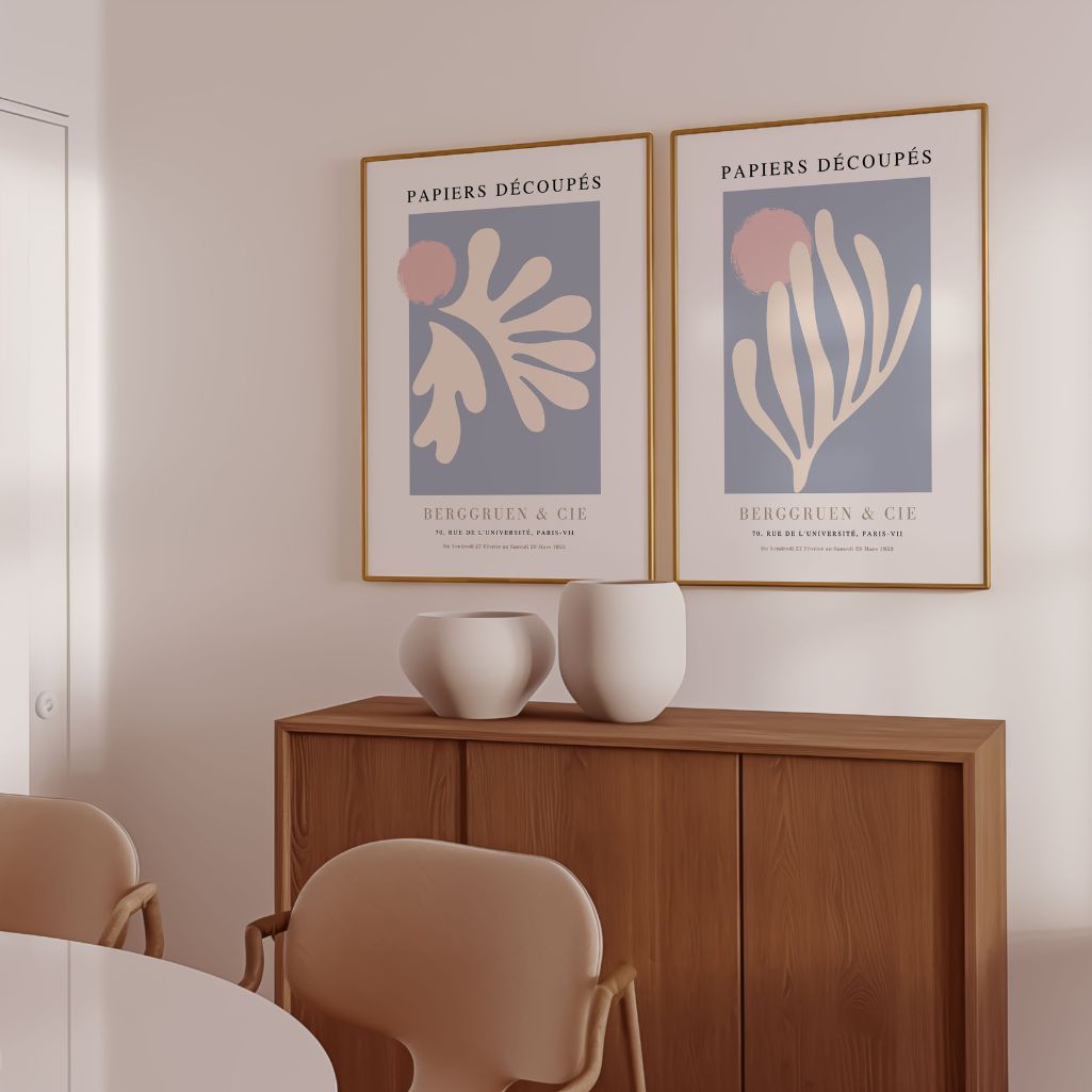 Set of 2 pastel botanical abstract posters styled in bright bedroom with soft modern decor